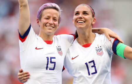 Megan Rapinoe of the USA celebrates with teammate Alex Morgan after winning the 2019 FIFA Women's World Cup France Final match between The United States of America and The Netherlands at Stade de Lyon on July 07, 2019 in Lyon, France