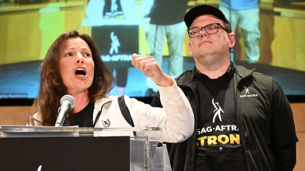 Fran Drescher and Duncan Crabtree-Ireland speak at the SAG-AFTRA strike authorization press conference on Thursday, July 13, 2023