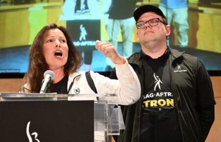 Fran Drescher and Duncan Crabtree-Ireland speak at the SAG-AFTRA strike authorization press conference on Thursday, July 13, 2023