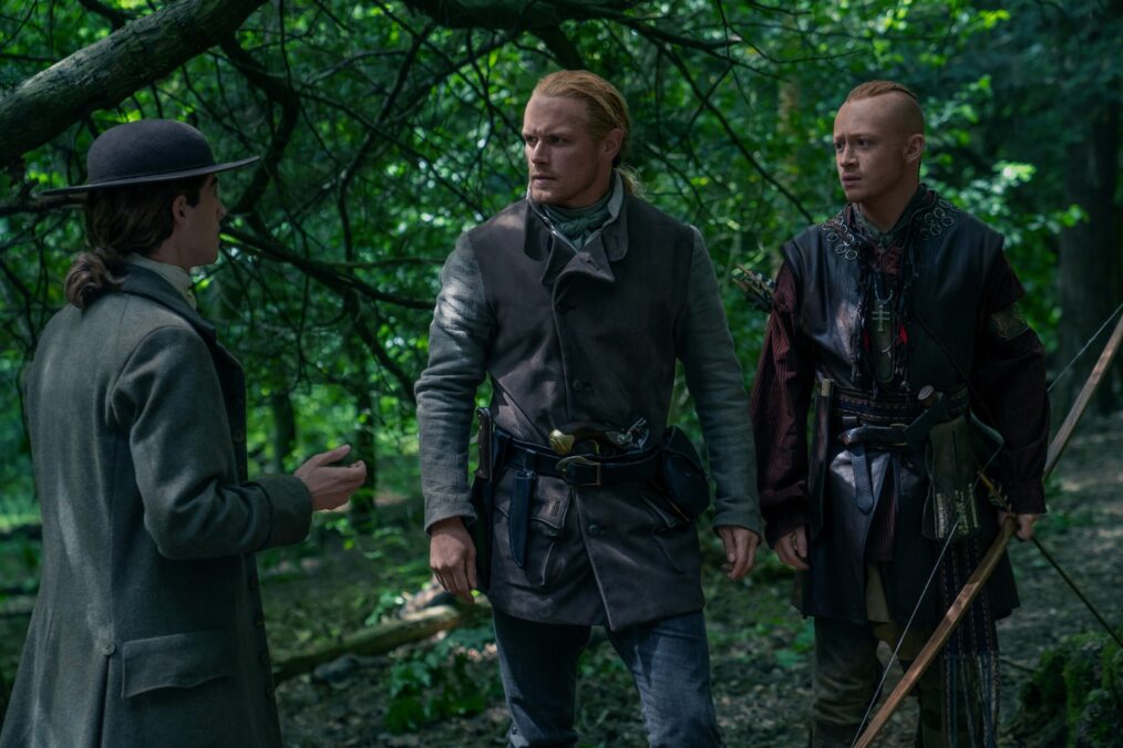 Joey Phillips, Sam Heughan, and John Bell in 'Outlander' Season 7