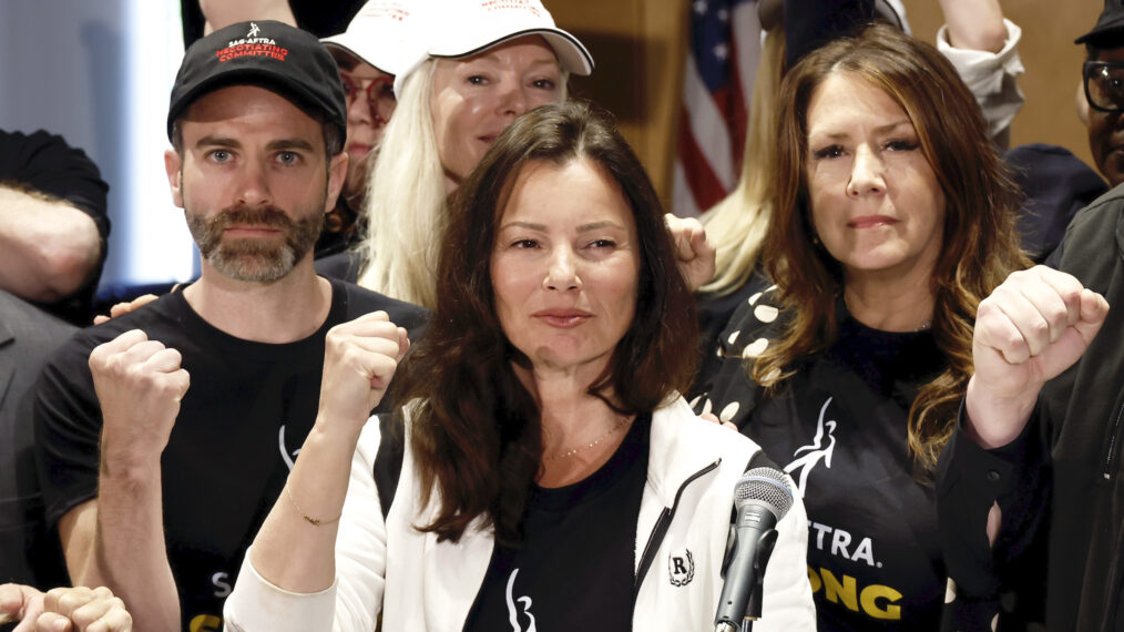 Ben Whitehair, Frances Fisher, SAG President Fran Drescher, Joely Fisher, National Executive Director, and SAG-AFTRA members are seen as SAG-AFTRA calls for a strike