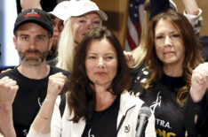 Ben Whitehair, Frances Fisher, SAG President Fran Drescher, Joely Fisher, National Executive Director, and SAG-AFTRA members are seen as SAG-AFTRA calls for a strike