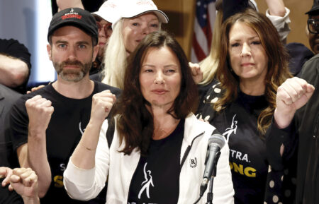 Ben Whitehair, Frances Fisher, SAG President Fran Drescher, Joely Fisher, National Executive Director, and SAG-AFTRA members are seen as SAG-AFTRA calls for a strike
