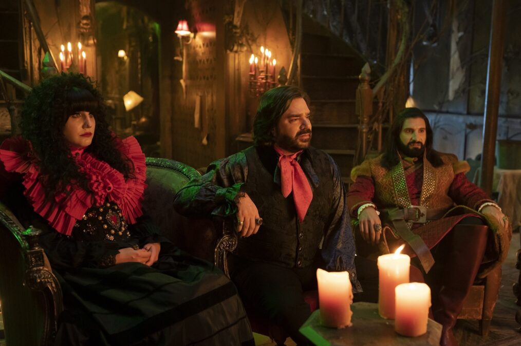 Natasia Demetriou, Matt Berry, and Kayvan Novak in 'What We Do in the Shadows' Season 4