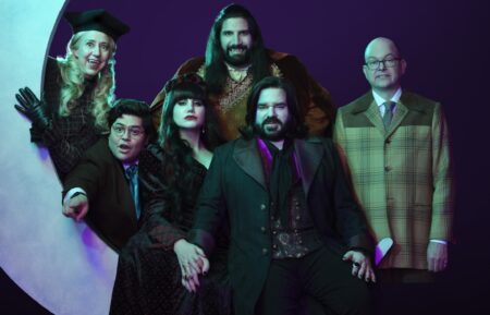 Kristen Schaal as The Guide, Harvey Guillén as Guillermo, Natasia Demetriou as Nadja, Kayvan Novak as Nandor, Matt Berry as Laszlo, and Mark Proksch as Colin Robinson in 'What We Do in the Shadows' Season 5