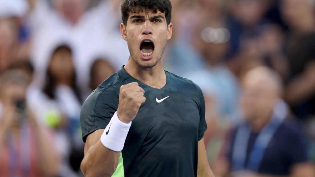 Carlos Alcaraz of Spain celebrates his win over Hubert Hurkacz of Poland during the semifinals of the Western & Southern Open