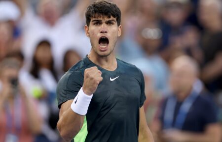 Carlos Alcaraz of Spain celebrates his win over Hubert Hurkacz of Poland during the semifinals of the Western & Southern Open