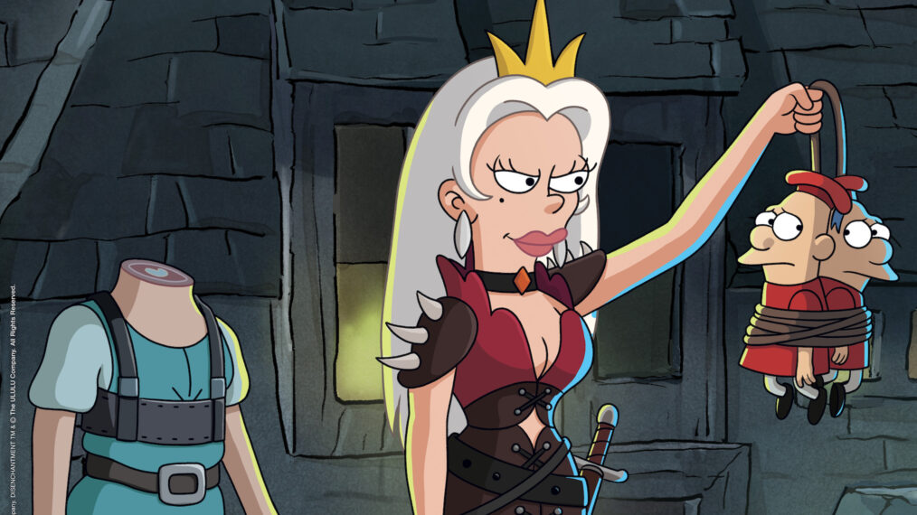 Abbi Jacobson as Bean, Sharon Horgan as Queen Dagmar, Vip, and Vap in 'Disenchantment' Part 5