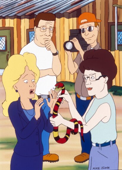KING OF THE HILL, back, from left: Hank Hill (eyeglasses, voice: Mike Judge), Dale Gribble (voice: Johnny Hardwick), bottom right: Peggy Hill (voice: Kathy Najimy), 1997-2010. TM and Copyright ©20th Century Fox Film Corp. All rights reserved./ Courtesy Everett Collection