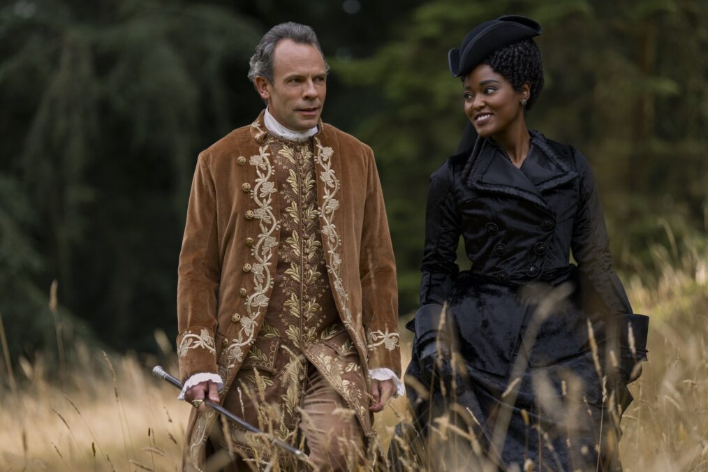 Keir Charles as Lord Ledger, Arsema Thomas as Young Agatha Danbury in Queen Charlotte: A Bridgerton Story