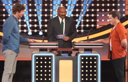 Anders Holm, Steve Harvey, and Adam DeVine on 'Celebrity Family Feud'