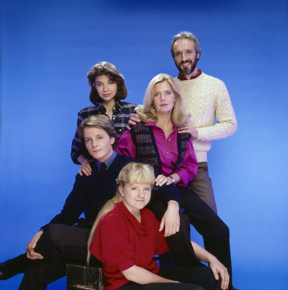The cast of 'Family Ties' - Justine Bateman, Michael J. Fox, Tina Yothers, Meredith Baxter, and Michael Gross