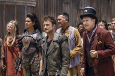 Geraldine Viswanathan, Daniel Radcliffe, and Steve Buscemi in the 'Miracle Workers: End Times' finale