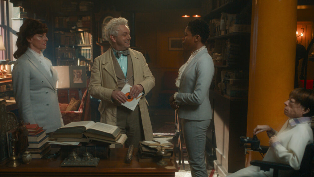 Doon Mackichan, Michael Sheen, Gloria Obianyo, and Liz Carr in 'Good Omens'