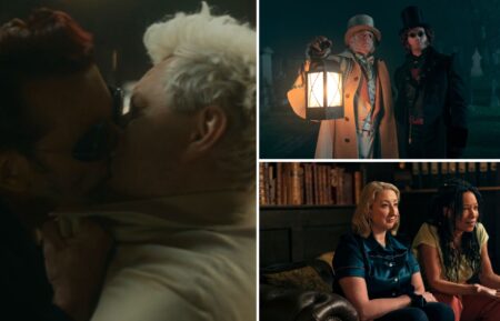 David Tennant, Michael Sheen, Maggie Service, and Nina Sosanya in 'Good Omens'