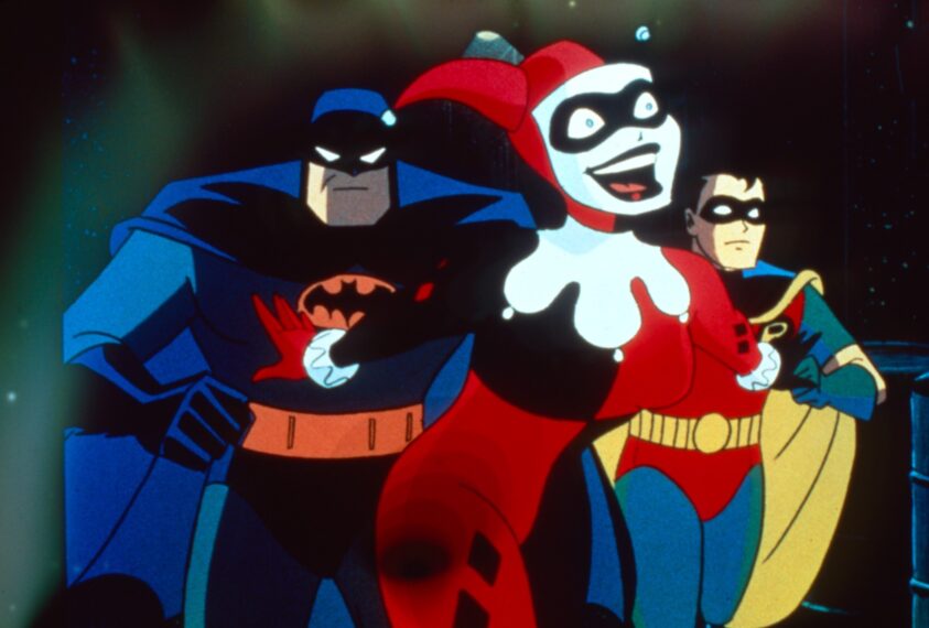 BATMAN: THE ANIMATED SERIES, (from left): Batman, Harley Quinn, Robin, 1992-95