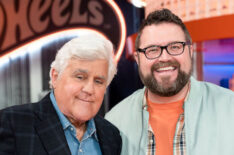 Jay Leno with Rutledge Wood on the 'Hot Wheels: Ultimate Challenge' finale
