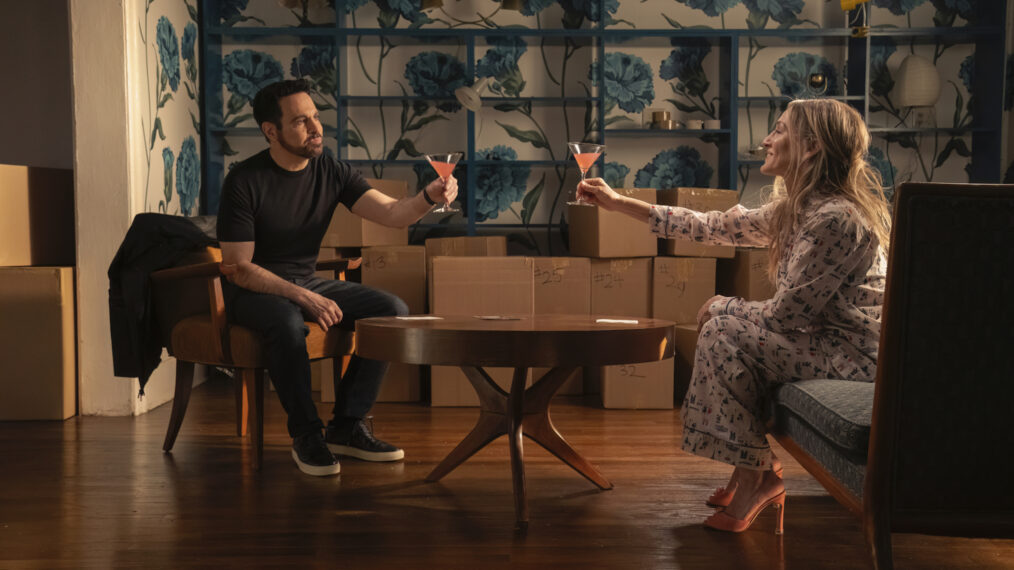 Mario Cantone and Sarah Jessica Parker in Carrie's apartment in 'And Just Like That' Season 2 Episode 10