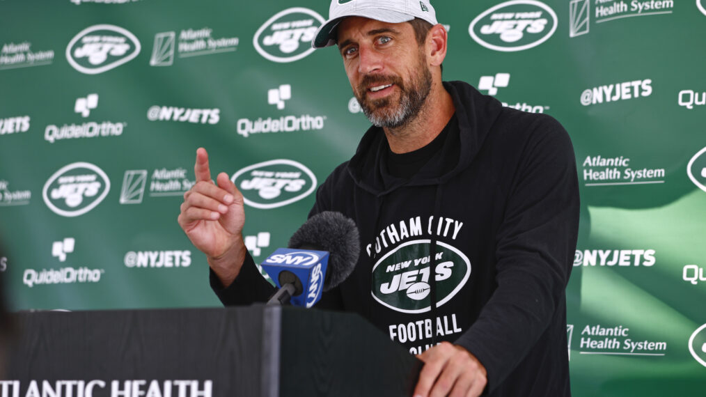 Quarterback Aaron Rodgers #8 of the New York Jets talks to reporters after training camp at Atlantic Health Jets Training Center on July 26, 2023 in Florham Park, New Jersey