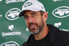 Quarterback Aaron Rodgers #8 of the New York Jets talks to reporters after training camp at Atlantic Health Jets Training Center on July 26, 2023 in Florham Park, New Jersey