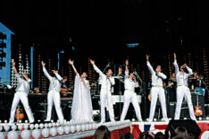 The Osmond Family performing in front of an audience, at their own TV studio in Provo, Utah, 1978