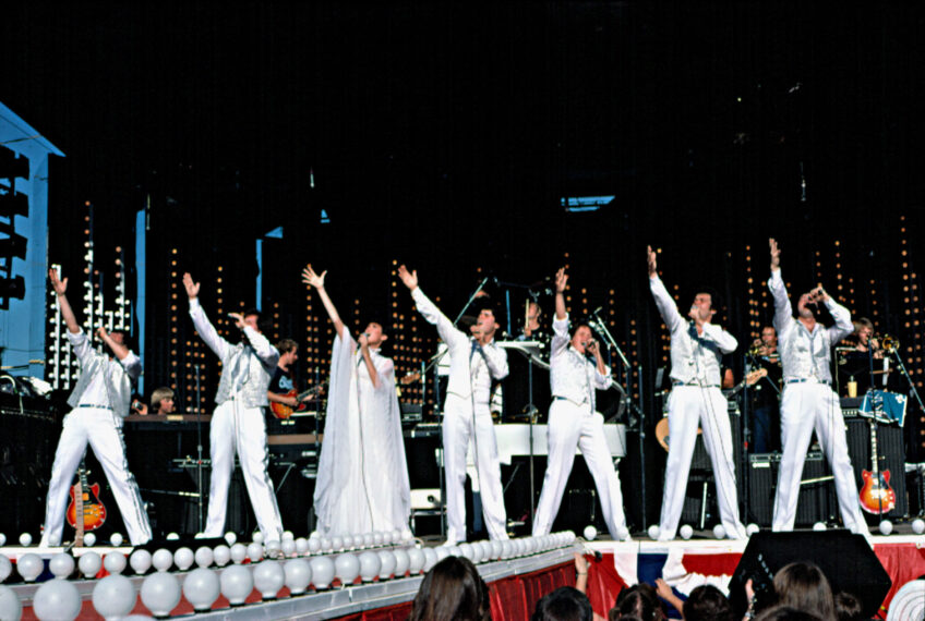 The Osmond Family performing in front of an audience, at their own TV studio in Provo, Utah, 1978