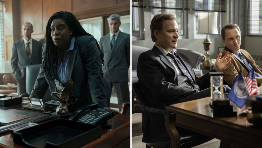 Uzo Aduba in 'Painkiller'; Peter Sarsgaard and John Hoogenakker in 'Dopesick'