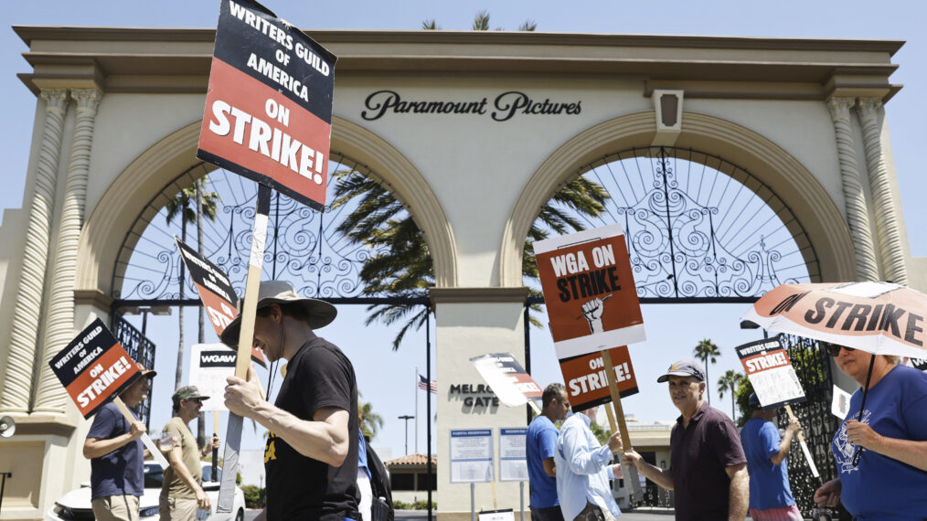 WGA members protesting at Paramount Studios on July 12, 2023, in Los Angeles, California
