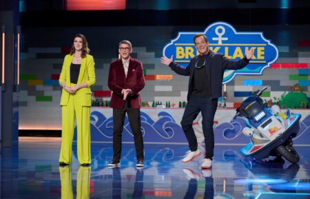 Judges Amy Corbett and Jamie Berard with Host Will Arnett in the 'Brick Lake' season premiere of Lego Masters