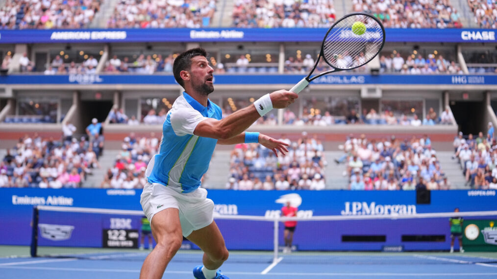 Novak Djokovic playing in the 2023 US Open in New York