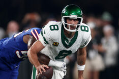 Quarterback Aaron Rodgers #8 of the New York Jets sacked by defensive end Leonard Floyd #56 of the Buffalo Bills during the first quarter of the NFL game at MetLife Stadium on September 11, 2023