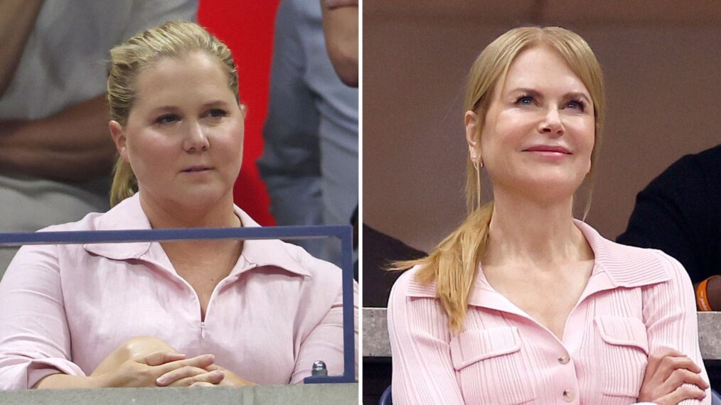 Amy Schumer attends the U.S. Open tennis finals between Coco Gauff and Aryna Sabalenka (L); Nicole Kidman attends the same game (R)