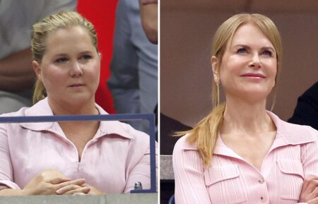 Amy Schumer attends the U.S. Open tennis finals between Coco Gauff and Aryna Sabalenka (L); Nicole Kidman attends the same game (R)