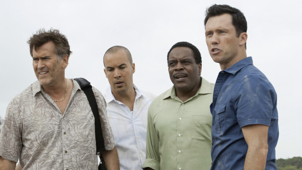 Bruce Campbell as Sam Axe, Coby Bell as Jesse Porter, Chad L. Coleman as Brady Pressman, and Jeffrey Donovan as Michael Westen in 'Burn Notice'