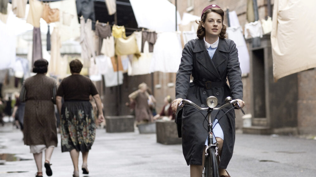 Jessica Raine as Jenny Lee on a bike in 'Call the Midwife'