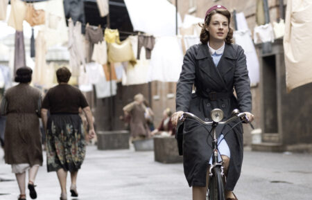 Jessica Raine as Jenny Lee on a bike in 'Call the Midwife'