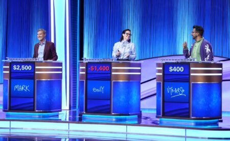 Mark Duplass, Emily Hampshire and Utkarsh Ambudka on the season premiere of Celebrity Jeopardy!