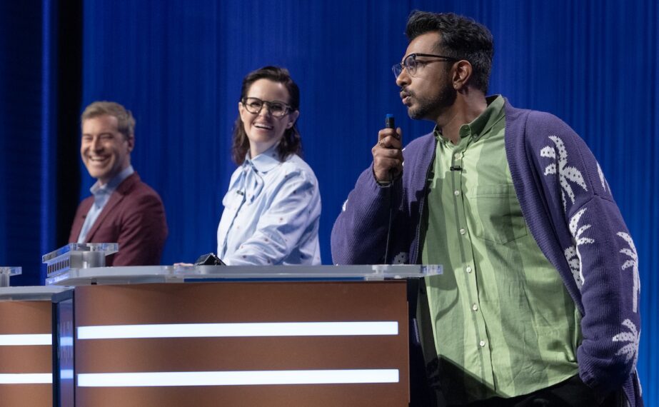 Mark Duplass, Emily Hampshire and Utkarsh Ambudka on the season premiere of Celebrity Jeopardy!