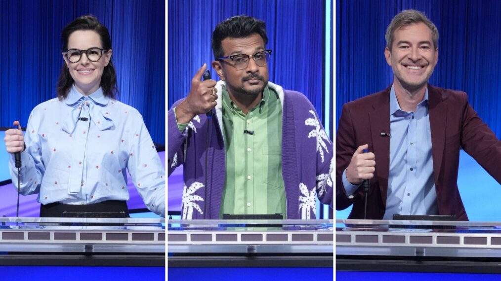 Emily Hampshire, Utkarsh Ambudkar, and Mark Duplass in 'Celebrity Jeopardy!'