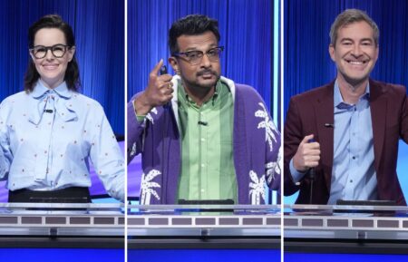Emily Hampshire, Utkarsh Ambudkar, and Mark Duplass in 'Celebrity Jeopardy!'