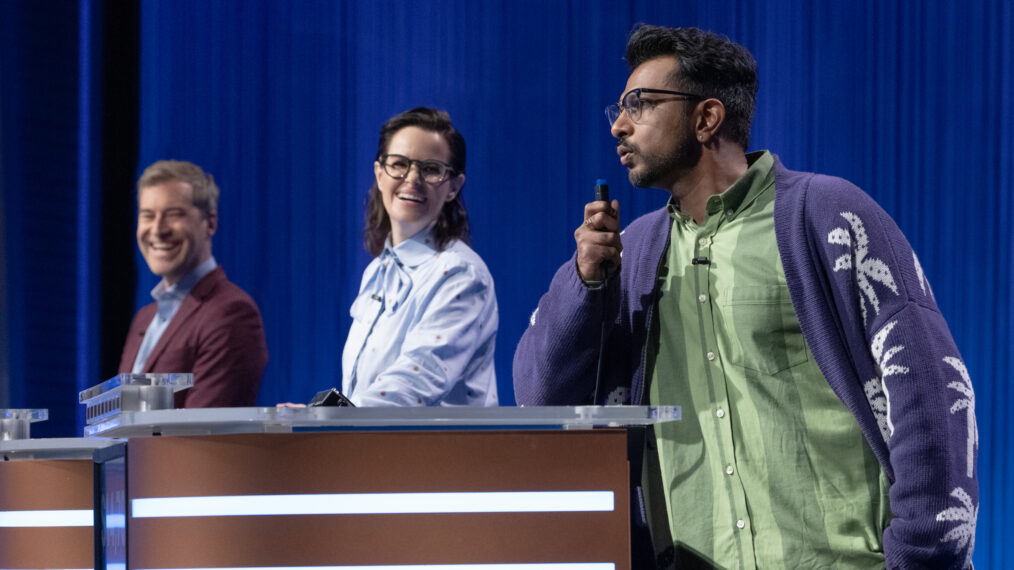 Mark Duplass, Emily Hampshire and Utkarsh Ambudkar in 'Celebrity Jeopardy!' premiere