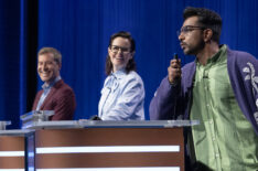 Mark Duplass, Emily Hampshire and Utkarsh Ambudkar in 'Celebrity Jeopardy!' premiere