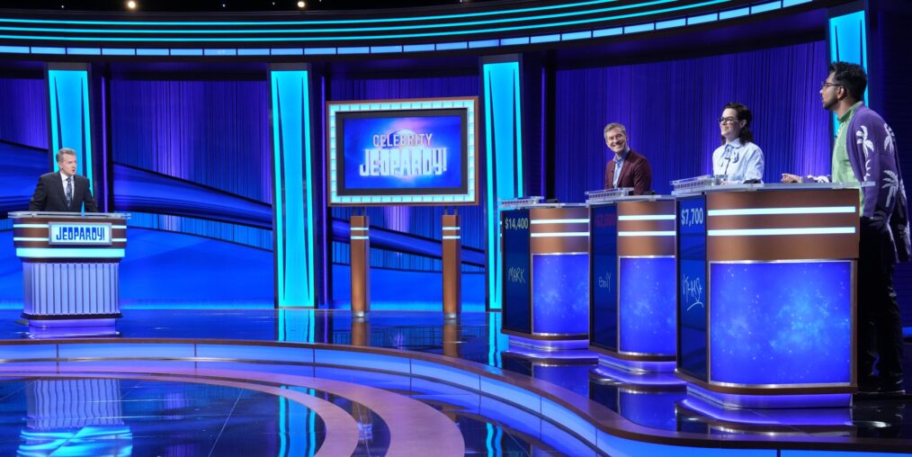 Mark Duplass, Emily Hampshire and Utkarsh Ambudka on the season premiere of Celebrity Jeopardy!