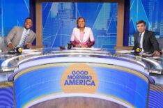 Michael Strahan, Robin Roberts, and George Stephanopolous hosting 'Good Morning America' on ABC