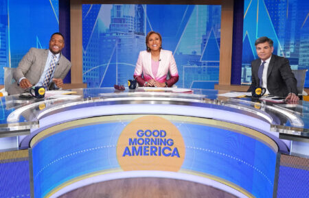 Michael Strahan, Robin Roberts, and George Stephanopolous hosting 'Good Morning America' on ABC