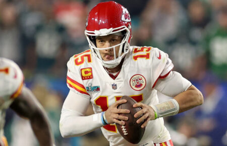 Patrick Mahomes #15 of the Kansas City Chiefs looks to pass against the Philadelphia Eagles during the second half in Super Bowl LVII at State Farm Stadium on February 12, 2023 in Glendale, Arizona