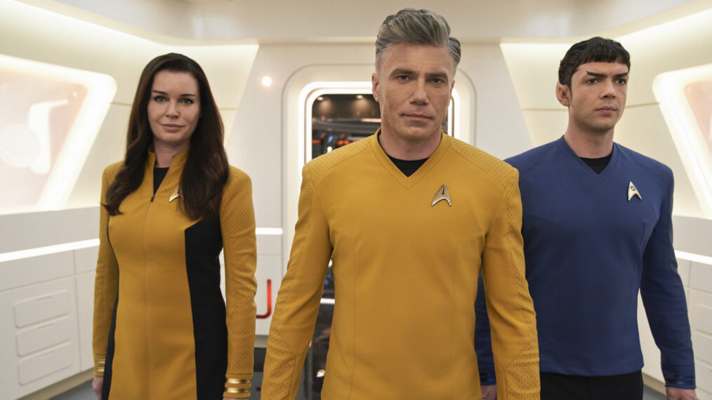 Rebecca Romijn, Anson Mount, and Ethan Peck in 'Star Trek: Strange New Worlds' Season 1 Episode 2