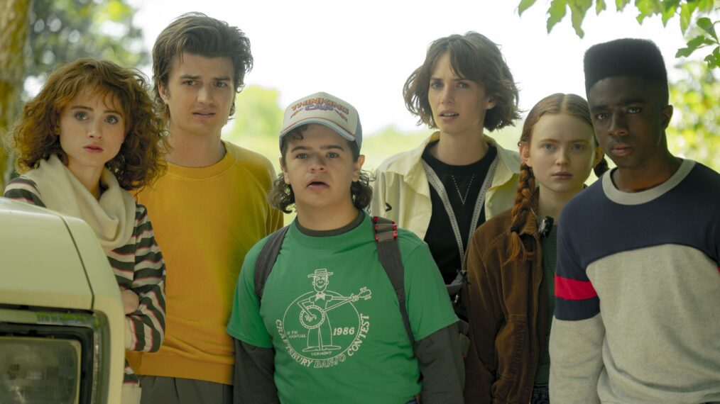 Natalia Dyer as Nancy Wheeler, Joe Keery as Steve Harrington, Gaten Matarazzo as Dustin Henderson, Maya Hawke as Robin Buckley, Sadie Sink as Max Mayfield, and Caleb McLaughlin as Lucas Sinclair in 'Stranger Things'