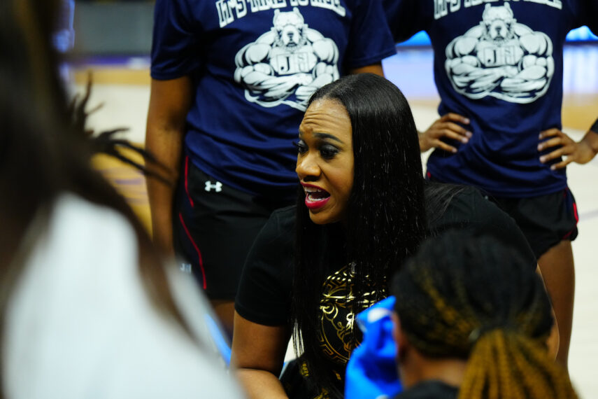 Tomekia Reed speaking in a huddle during the first half of the game between the LSU Tigers and the Jackson State Lady Tigers