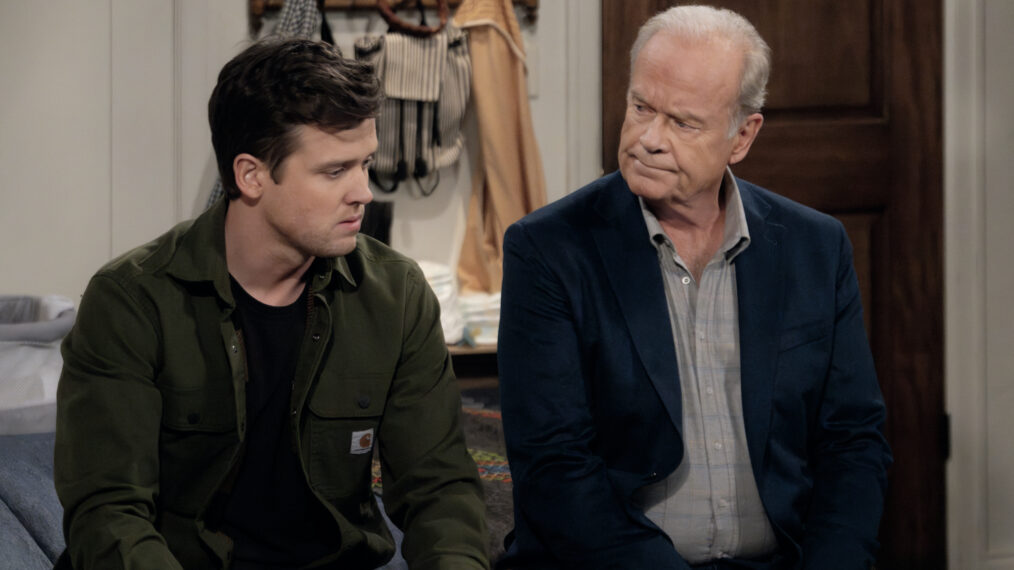 L-R: Jack Cutmore-Scott as Freddy Crane and Kelsey Grammer as Frasier Crane and in Frasier, episode 1, season 1 streaming on Paramount+, 2023. Photo credit: Chris Haston/Paramount+